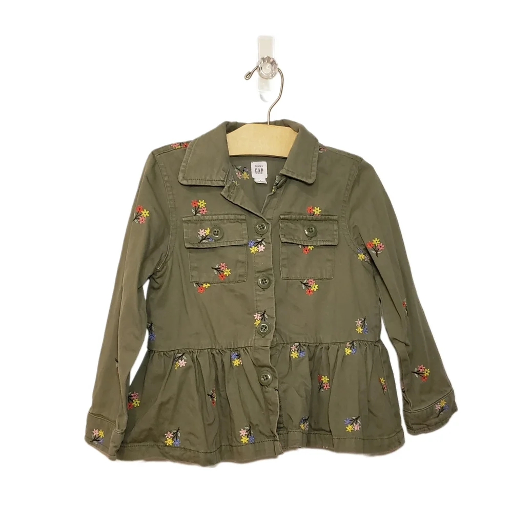 Gap 5T Olive Green Embroidered Flowers Peplum Lightweight Jacket